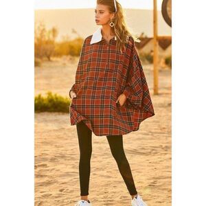Plaid‎ Small Women's Poncho with White Faux Fur Collar Zip-Up Cape Coat